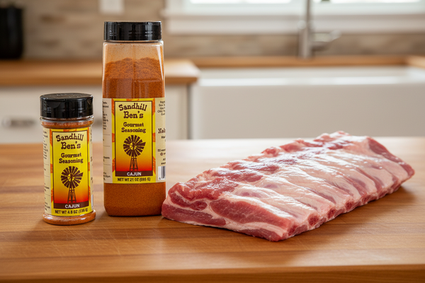Two bottles of Sandhills Ben's Cajun seasoning on a wooden cutting board with raw pork ribs.