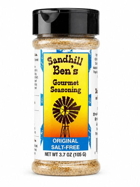 Sandhill Ben's Salt-Free Original Gourmet Seasoning label showing ingredients and no added salt low sodium dry rub made in Nebraska
