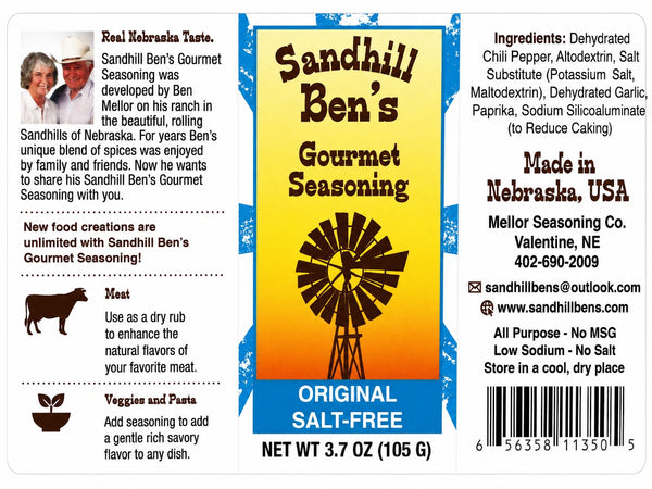 Sandhill Ben's Salt-Free Original Gourmet Seasoning label showing ingredients and no added salt low sodium dry rub made in Nebraska