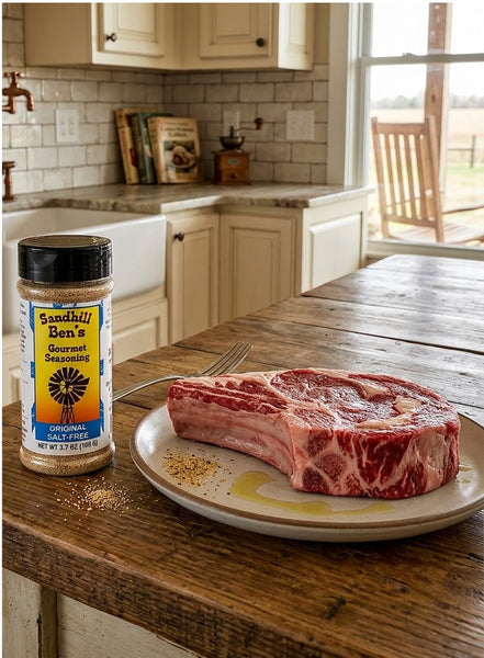 Sandhill Ben's Salt-Free Original Gourmet Seasoning beside a raw ribeye steak on a rustic farmhouse kitchen table, ready for seasoning before grilling